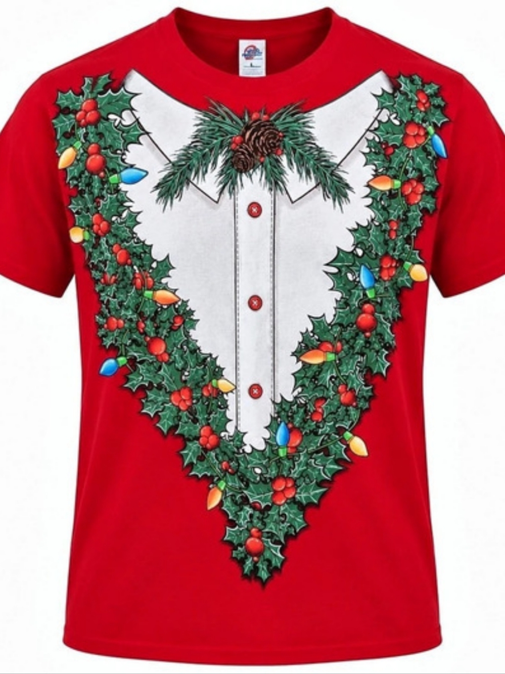 Vintage Style Ugly Christmas T-Shirt Men’s L Tuxedo Holly Lights Red Tee